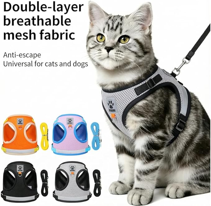 Dog Harness and Leash Set-No Pull No Choke Step-in Pet Harness for All Weather Lightweight Adjustable Cat Harness Breathable Soft Mesh Puppy Vest with Hook & Loop Fastener Buckles D-Rings-Gray-XS