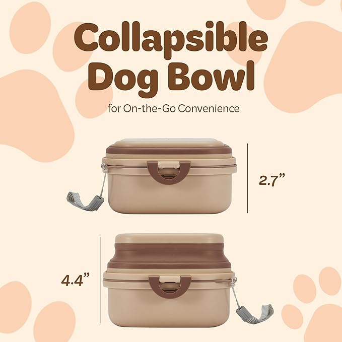 Collapsible Dog Water Bowl 30oz, 2 in 1 Portable Travel Dog Food Bowl with Lid, Easy Carry Loop Handle, Foldable Dog and Cat Food Bowl, Perfect for Traveling, Walking, Hiking (Khaki)