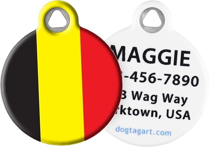 Dog Tag Art Belgian Flag Personalized Pet ID Tag for Dogs and Cats, Jingle-Free Polymer-Coated Name Tag with Custom Info, Small 7/8-Inch Diameter