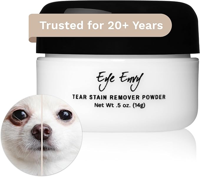 Eye Envy Tear Stain Remover Powder for Dogs and Cats. 100% Natural, Safe. Apply Around Eyes. Absorbs and Repels Tears. Keeps Area Dry. Treats The Cause of Staining. Made in The USA. (.5 oz)