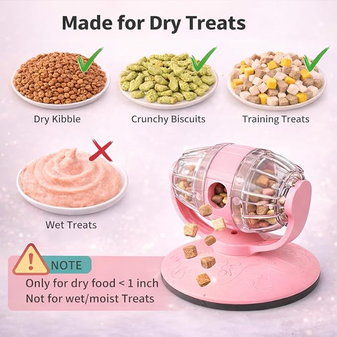 Cat Treat Dispenser Toy, Slow Feeder for Dry Food & Treats, Interactive Rotating Barrel Cat Toys for Indoor Cats &Puppies, Kitten Enrichment Funny Toy(Pink)
