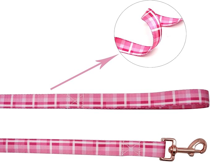 Elegant little tail Dog Collar with Leash, Pink Plaid Pet Collar Leash Adjustable Collar for Small Medium Large Dogs Soft Puppy Collars with Quick Release Buckle Girl Boy Dog Collars