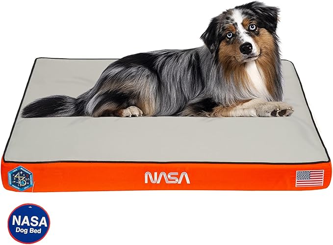 NASA Limited Edition Dog Bed by Wag | Cooling Gel Infused Memory Foam | Out-of-This-World Supportive Orthopedic Foam | Machine Washable Cover and Water Resistant Liner | Medium, Astro Orange