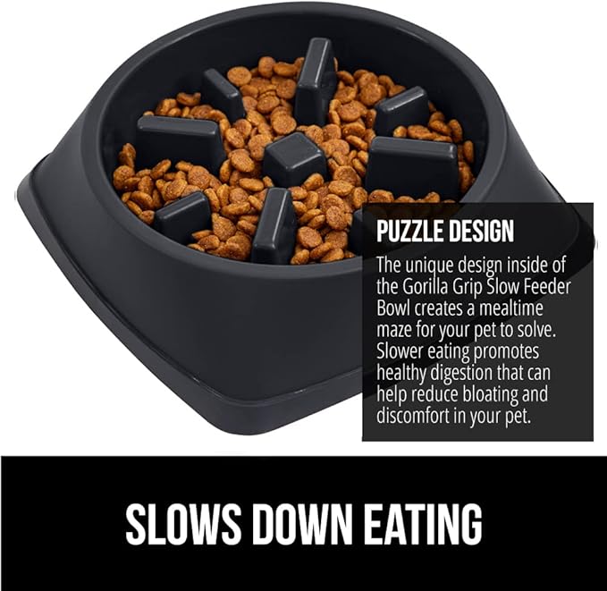 GORILLA GRIP Patented BPA Free Slow Feeder Dog Bowls, Interactive Puzzle Toy for Dogs and Cats Food Training Enrichment, Keeps Pets Busy and Prevents Puppy Overeating, All Breeds, 2 Cup, Black
