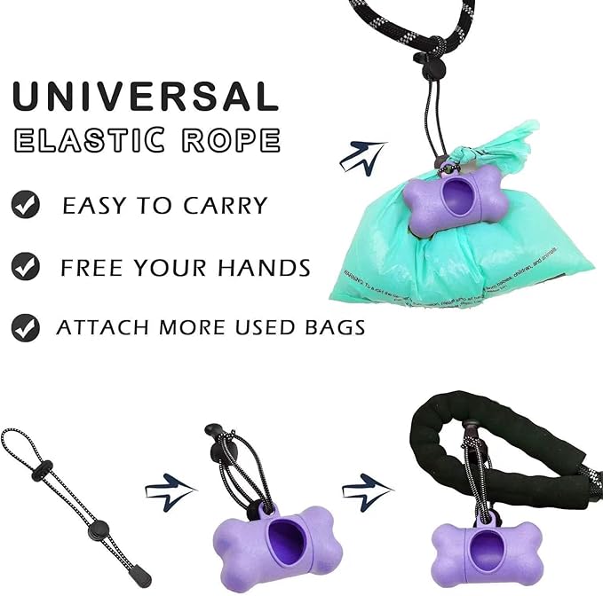 Dog Poop Pickup Bags Holder Dispenser with Standard-Sized Leak-Proof Scented Doggy Waste Bags and Carabiner Hook and Loop Fastener Never Loose on Leash Lead Again (1 Holder 15 Bags, Purple)
