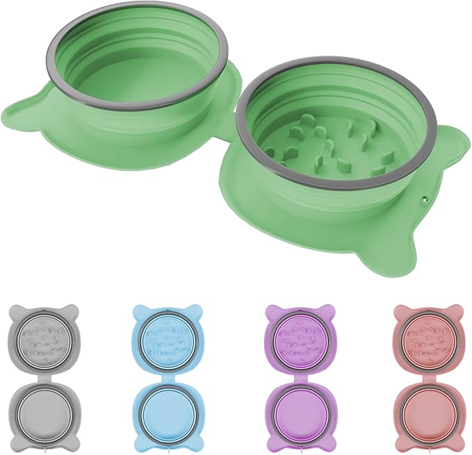Dog Bowls Pet Collapsible Slow Feeder Outdoor, Dog Travel Bowls Portable Foldable Cat Water Dish for Pets Walking Parking Camping (Green(Two Bowl Slow Feeder))