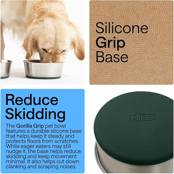 GORILLA GRIP Dog Bowls, Heavy Duty 304 Stainless Steel, Holds 8 Cups Each (64 fl oz) Food and Water Bowl for Feeding Dogs and Cats, Dishwasher Safe, Rust Resistant, BPA Free Rubber Base Set of 2 Green
