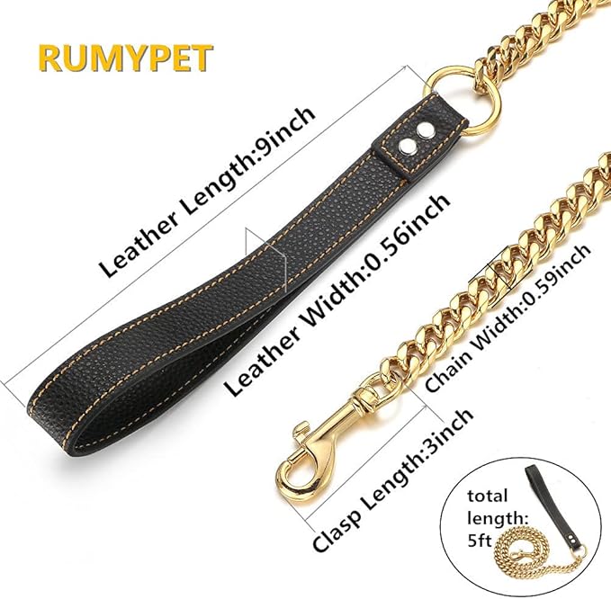 18K Gold Dog Chain Leash 15MM Solid Chew Proof 316L Stainless Steel Cuban Link Chain with Smooth Leather Handle Beautiful Leash for Walking Training 3FT/4FT/5FT(15mm,5ft)…