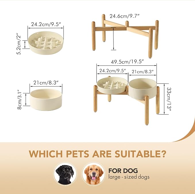 Ceramic 3.2 Cup Raised Slow Feeder Dog Bowl Set, Elevated 8.2inch Bowl and 9.5inch Slow Pet Food Dish with Wooden Stand for Large Dog (2 x Beige+ Stand)