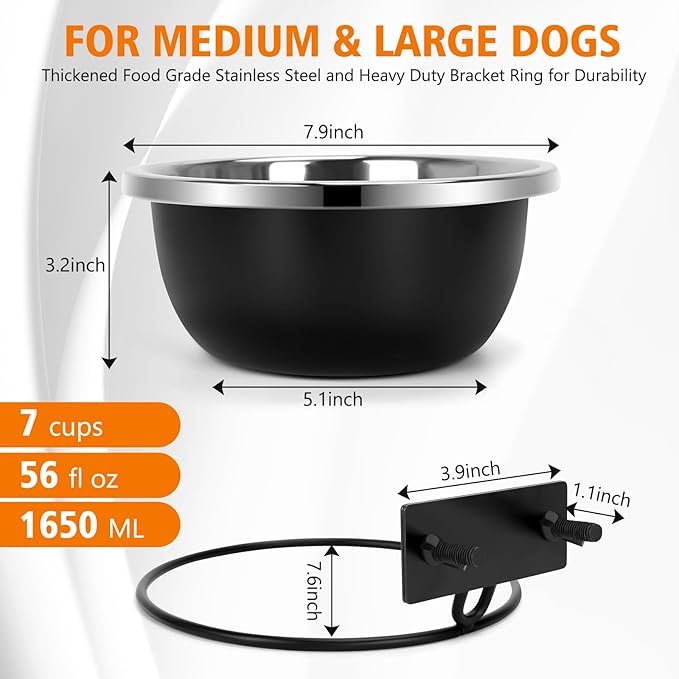 Dog Kennel Bowls, Set of 2 Heavy Duty Metal Food and Water Bowl for Feeding Dogs and Cats, Removable Stainless Steel Hanging Dog Bowls for Kennel Large and Medium Dogs, 56oz