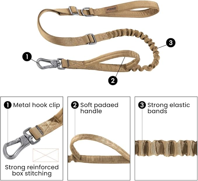 EXCELLENT ELITE SPANKER Tactical Dog Leash Heavy Duty 5-6FT Adjustable No Pull Military Bungee Dog Leash Elastic Leads Rope with 2 Padded Control Handle for Medium Large X-Large Dogs(Coyote Brown)
