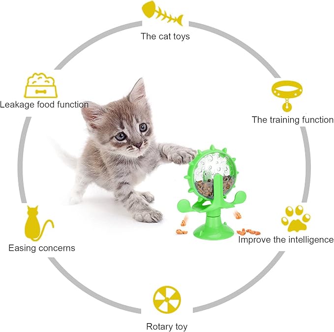 Interactive Cat Food Treats Dispenser Toy, Pet Slow Feeder Feed Training Toy Cat Windmill Toy Dog Food Dispenser, 360° Rotating Windmill Suction Cup Toys for Educational Interactive Training (Green)