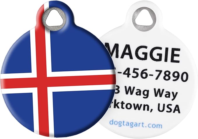 Dog Tag Art Icelandic Flag Personalized Pet ID Tag for Dogs and Cats, Silent Polymer Coated Stainless Steel Flag of Iceland Nametag with Customized Identification Information - Small .875" Diameter