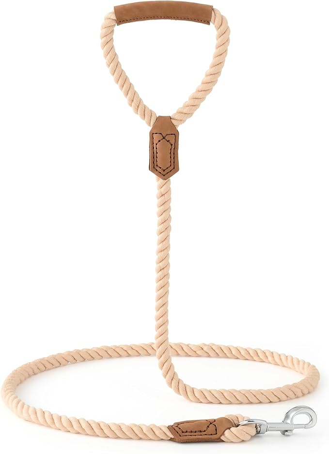 Mile High Life Dog Leash, Braided Cotton Rope Leashes with Leather Handle - Heavy Duty Metal Clasp, 6FT, 1/2" Thick - Wedding, Walking & Training Leash for Small Medium Large Dogs (Light Brown)