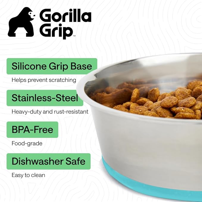 GORILLA GRIP Dog Bowls, Heavy Duty 304 Stainless Steel, Holds 1 Cup Each (8 fl oz) Food and Water Bowl for Feeding Dogs and Cats, Dishwasher Safe Rust Resistant BPA Free Rubber Base Set of 2 Turquoise