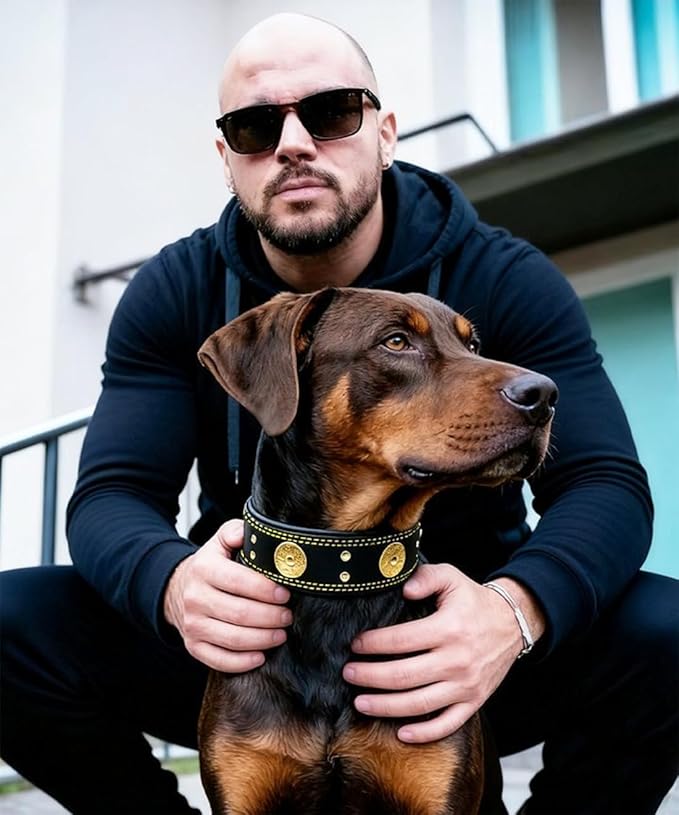 Leather Dog Collar, 2 inches Wide Heavy Duty Genuine Leather Collars, Handmade, Soft, and Luxury, Eye-catching Best Choice for Large and Medium Breed Dogs, Black-Gold 21-25 inches