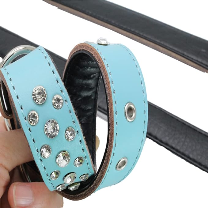 Rhinestones Dog Collar, Adjustable Sparkly Crystal Studded Genuine Leather Pet Dog Collar for Small and Medium Breeds (M fit Neck 12-15", Yellow)