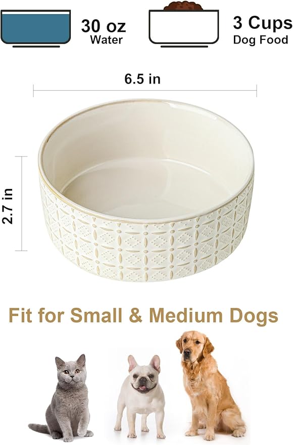 Ceramic Dog Bowls, Dog Food Bowls Water Bowl, 6.5inch Dogs Dishes for Middle and Small Size Dogs, Puppy Plates for Food, White