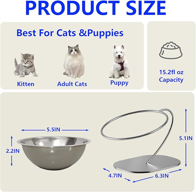 Elevated Cat Bowls,15 Degree Inclined Stainless Steel Cat Bowls,Detachable Metal Bracket,Protect The Cervical Spine,Prevent Vomiting,Ergonomic Design for Healthy Eating & Digestion,2PC (2PC)