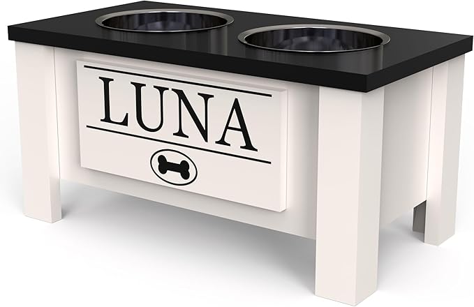 GTW Personalized Elevated Dog Bowl Stand for Large, Medium, Small, X-Small Dogs - Stainless Steel Food and Water Bowls - Raised Dog Dish with Internal Storage (Medium, Black)