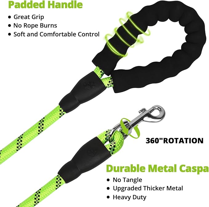 Rope Dog Leash 5 FT: Heavy Duty Leashes with Swivel Lockable Hook Reflective Threads Bungee and Padded Handle - Dog Lead for Large Small Medium Dogs Outside Walking Hiking Green
