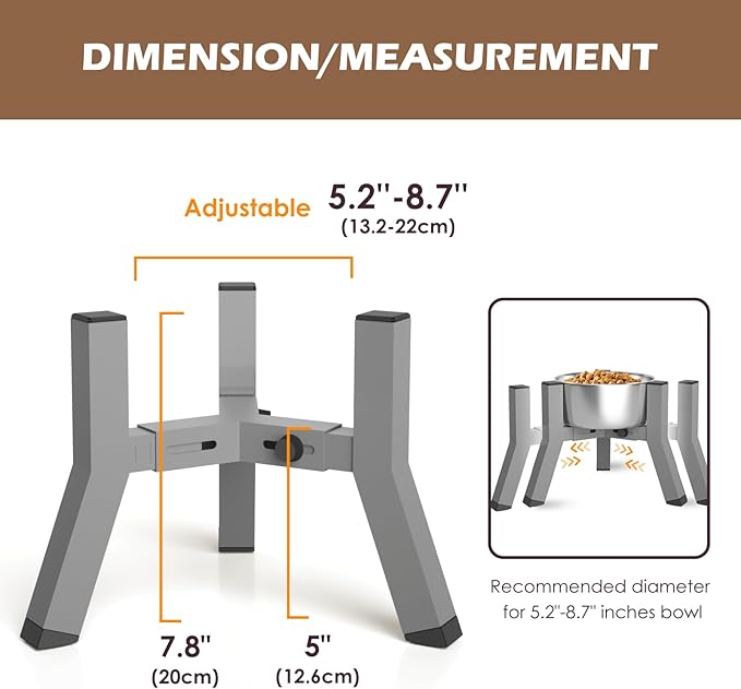 Eelevated Dog Bowl Stand for Small Dogs, Adjustable Width 5.2-8.66'', Raised Dog Food Water Bowls, 7.8'' Tall, Grey-Bowl Not Included