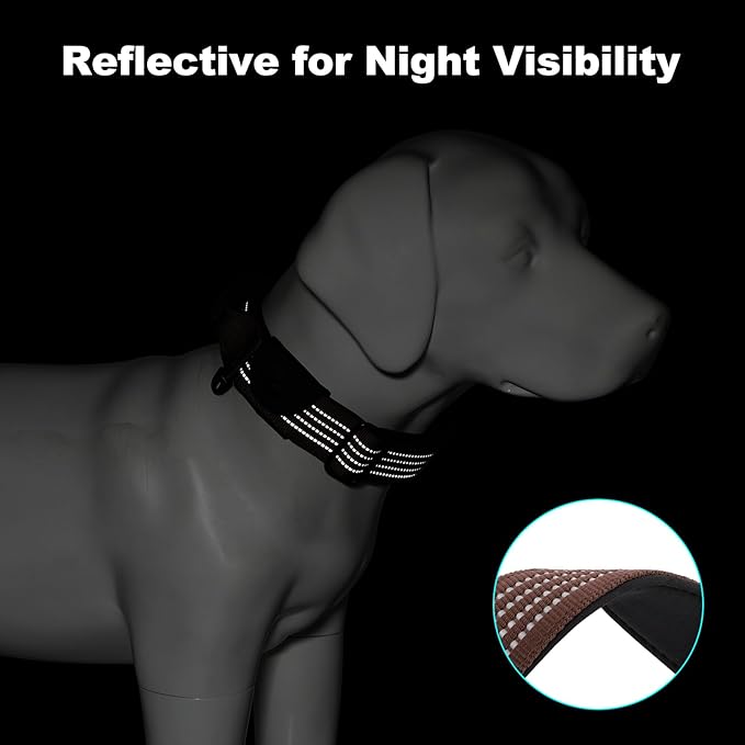 Plutus Pet Tactical Dog Collar with Tracker Pocket for AirTag, Adjustable Reflective Nylon Collar, Metal Buckle, Leather-Wrapped Handle, Soft Padded for Medium Large Dogs (Chocolate, L)