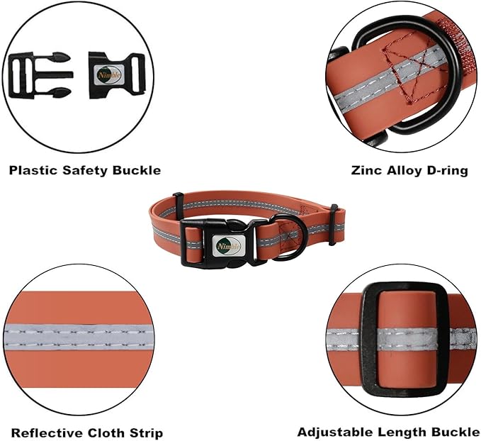 NIMBLE Dog Collar Waterproof Pet Collars Adjustable, Reflective, Durable Flex Poly Coated Nylon Basic Dog Collars 9 Colors in Size S/M/L (Large (15.35”-24.8”inches), Apricot Brandy red)