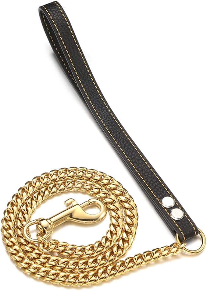 3FT/4FT/5FT Heavy Duty Gold Dog Chain Leash 10MM Stainless Steel Miami Cuban Link Chain with Durable Genuine Leather Handle for Training Walking(10mm,3ft)…