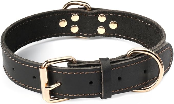 Genuine Leather Dog Collar, Heavy Duty Wide Dog Collar for Small, Medium, Large and Extra Large Dog (XL: 1.4" Wide for 18.6"-25.8" Neck, Single Stitch - Black)