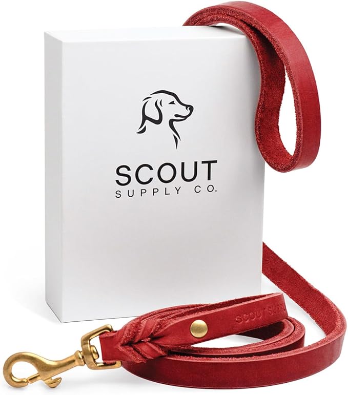 Scout Supply Classic Leather Dog Leash | Strong Heavy Duty Thick Full Grain Leather | Waterproof & Rust-Proof Brass Hardware (Red, L: 4.5 ft x 2/3 in)