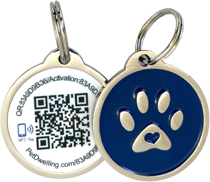 Pet Dwelling Smart QR + NFC Pet ID Tags for Dogs – Durable & Waterproof – Smart Pet Tags with AI-Powered Instant Scan Alerts & Free Online Profile (Blue Paw)