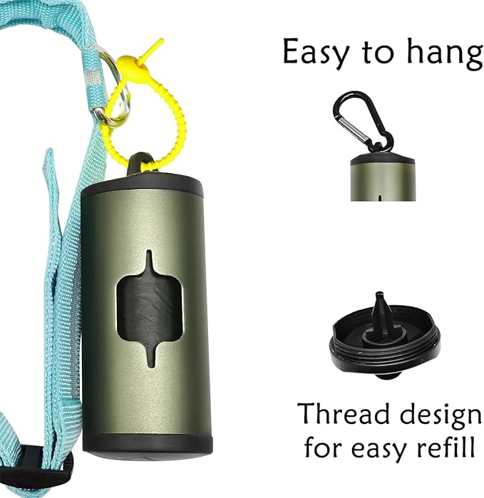 Aluminum Dog Poop Bags Holder with Carabiner Metal Pet Waste Bags Dispenser with Hook and Loop Fastener and Elastic Cord to Carry Used Bags (Olive Green, 1 Holder 15 Bags)