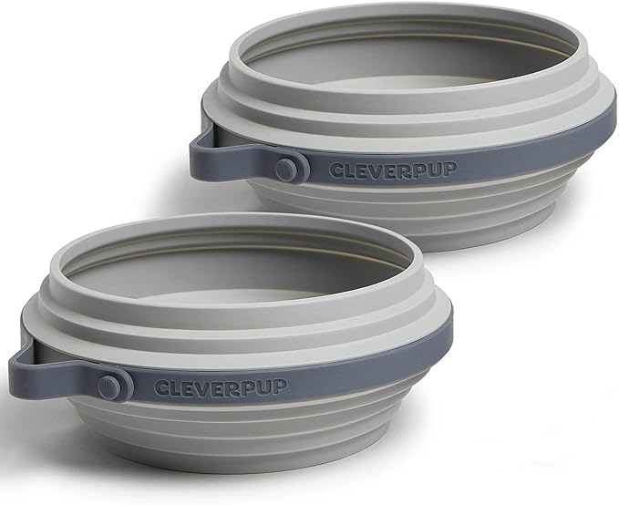 Cleverpup, Large 7-Piece Bistro Box Dog Food Travel Kit, 12-BPA-Free Cup Kibble Storage, 2 Silicone Bowls, Mat & Scoop - Portable Pet Food Kit for Weekends, Overnights, Daycare & Camping, Heather Grey