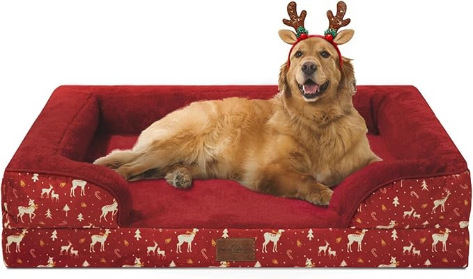 Comfort Expression Orthopedic Dog Bed for Extra Large Dogs 42x30 Inch, Waterproof Egg Crate Foam XL Pet Bed, Gifts for Christmas, Dog Couch with Washable Cover & Non-Slip Bottom, Christmas Red