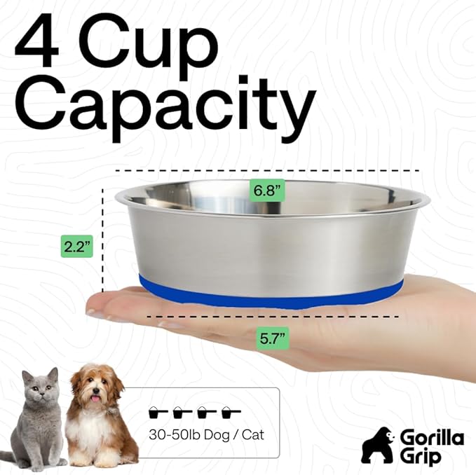 GORILLA GRIP Dog Bowls, Holds 4 Cups Each (32 fl oz), Heavy Duty Stainless Steel Food and Water Bowl for Feeding Dogs and Cats, Dishwasher Safe, Rust Resistant, BPA Free Rubber Base, Set of 2 Blue