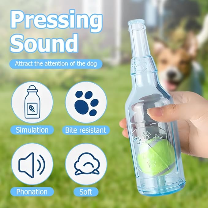 Drkicsy Pet Chew Beer Bottle with Tennis Ball Dog Chew Toy, Water Bottle Interactive Dog Toys for Chewing and Playing, Crunch and Play Bottle Dogs Toy with Squeaky Sound (Green, Large)