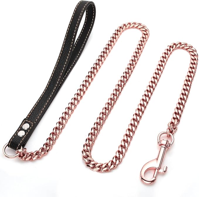 Rose Gold Dog Leash 11mm Cuban Link Chain Dog Leash Durable Stainless Steel Metal with Leather Handle for Small Medium Large Dogs 3FT/4FT/5FT(11mm,3ft)…