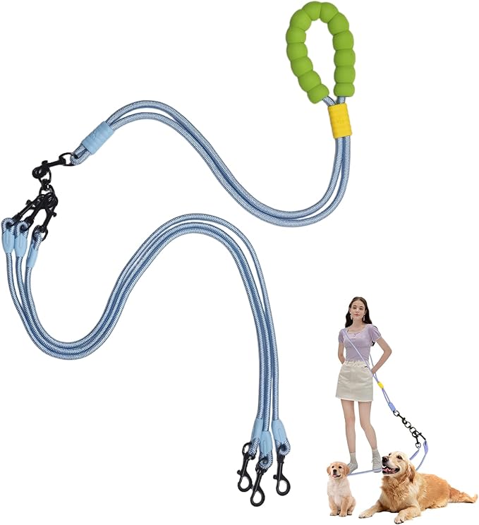 Double Dog Leash No Tangle, Adjustable Split Leads Three Pet Walking Leash with Comfortable Padded Handle for Three Dogs, Hands - Free Three Leashes for Small/Medium Pets (Blue, Three Leashes)
