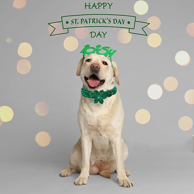 Elegant little tail St. Patrick's Dog Collar, Green Clover Dog Collars Cute Pet Gift Cute Puppy Flower Adjustable Pet Collars for Medium Dogs