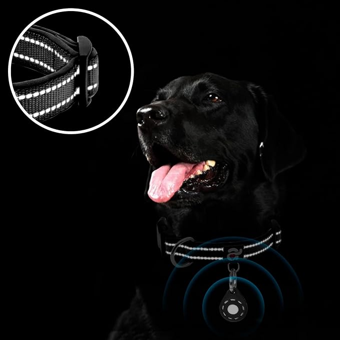 azuza Reflective Dog Collar with Airtag Holder, Soft Neoprene Padded Pet Collar with ID Tag Ring, Adjustable for Medium Dogs,Black,M