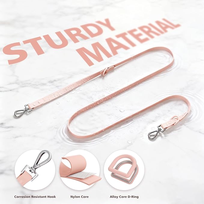 Waterproof Dog Leash, Easy to Clean, Pink PVC Leash with Multifunctional Dual Hooks, Adjustable 3ft-6ft for Walking, Heel Training, Swimming (Blush Pink)
