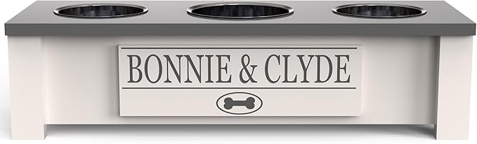 GTW Personalized Elevated Triple Dog Bowl Stand for Large, Medium, Small, X-Small Dogs - 3 Stainless Steel Food and Water Bowls - Raised Dog Dish with Internal Storage (Small, Grey)