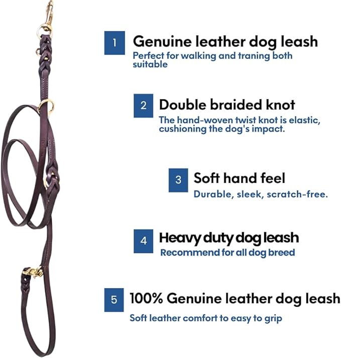 8 FT Multi-Function Leather Dog Leash, Genuine Leather Hands-Free Training Lead for Small Medium Large Dogs, Adjustable Long Leash for Walking, Hiking, Obedience Control (Dark Brown, 8 Ft)