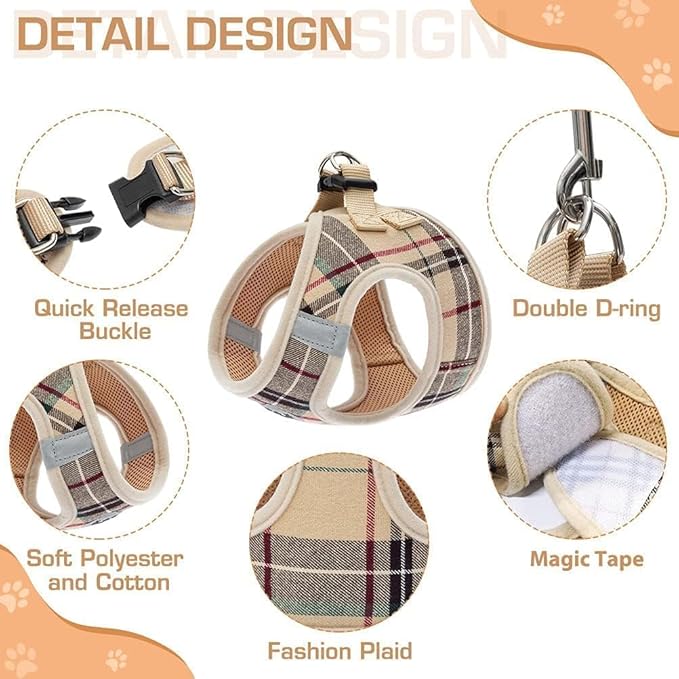 KOOLTAIL Dog Harness and Leash Set for Small Medium Dogs, Step in No Pull Soft Mesh Dog Harness Comfort Padded Pet Vest, Adjustable Reflective Easy Walking Puppy Cats Harnesses Training, Plaid Beige M