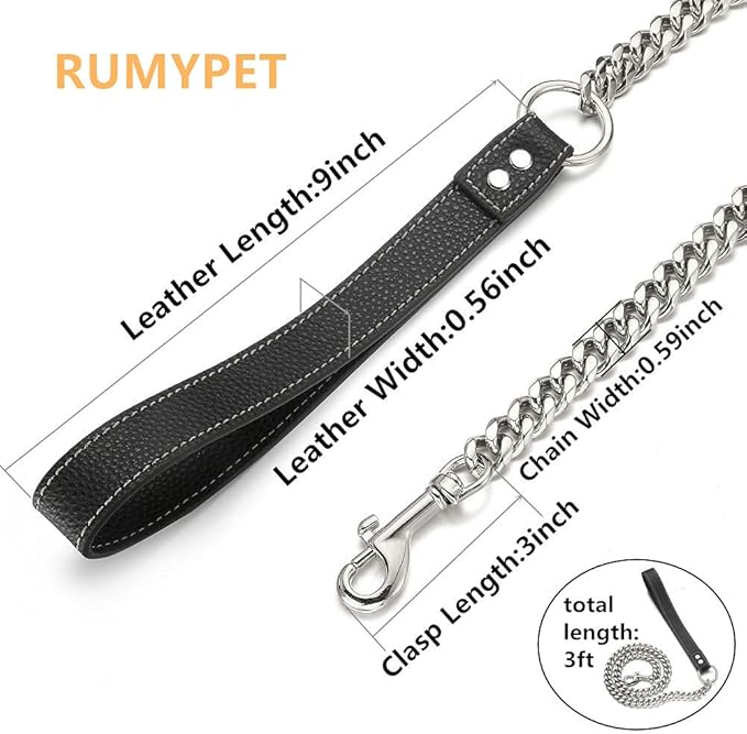 Silver Chain Dog Leash 15MM Solid Chew Proof 316L Stainless Steel Cuban Link Chain with Genuine Leather Handle Training Walking 3FT/4FT/5FT for Small Medium Large Dogs(15mm,3ft)…