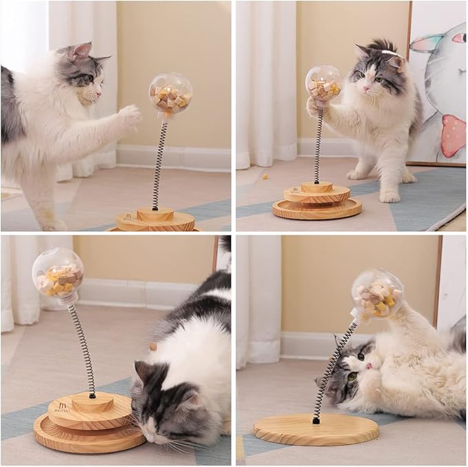 Marchul Cat Ball Toy with Treat Ball, Kitten Treat Dispenser with Roller Track Catnip Balls, Interactive Cat Toys Wooden for Indoor Kitten, Food Toy with Automatic Slow Feeder