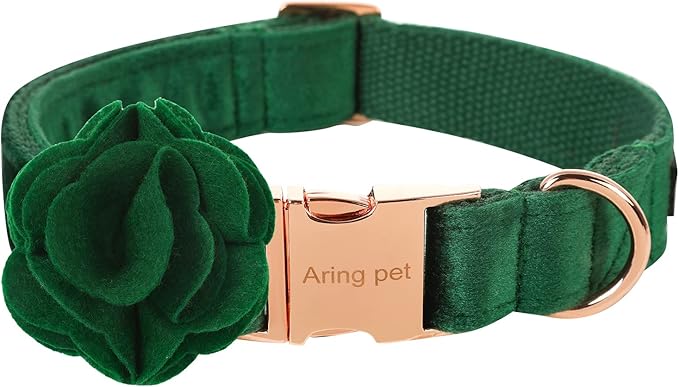 ARING PET Velvet Dog Collars, Dark Green Soft Pet Collar with Detachable Felt Flower Metal Buckle for Puppy Small Medium Large Boy Girl Dogs-XL