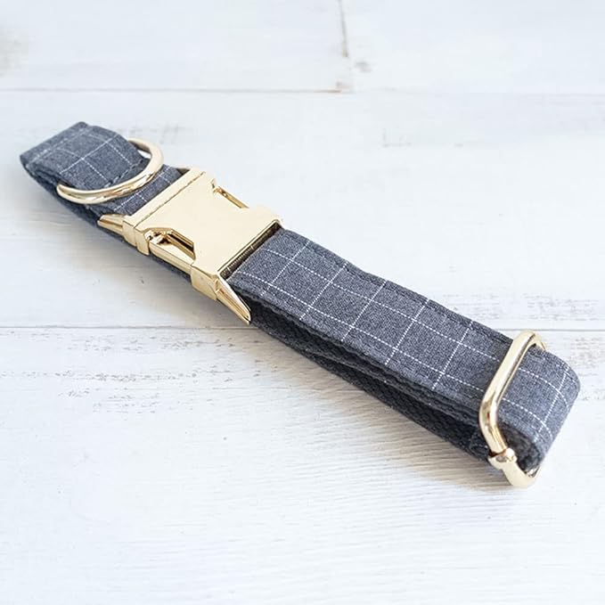 PETDURO Personalized Windowpane Plaid Dog Collar Gray - Engraved Name and Phone Number on Gold Metal Buckle - Custom for Small Medium Large Boy Girl Dogs - Add Leash Bow Tie via Customize Now