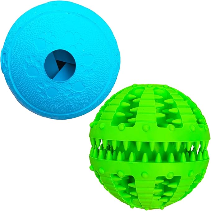 2 Pcs Dog Toy Teeth Ball,Dog Puzzle Toy,Treat Dispensing Dog Toys,Non Toxic Tear Resistant Natural Rubber Toy Ball for Pet Teeth Cleaning/Chewing/Playing/Training (Green+Blue, 2.36in)